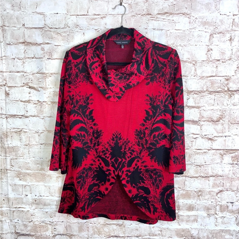 Ming Wang Red Black Abstract Knit Cardigan Topper Size Large